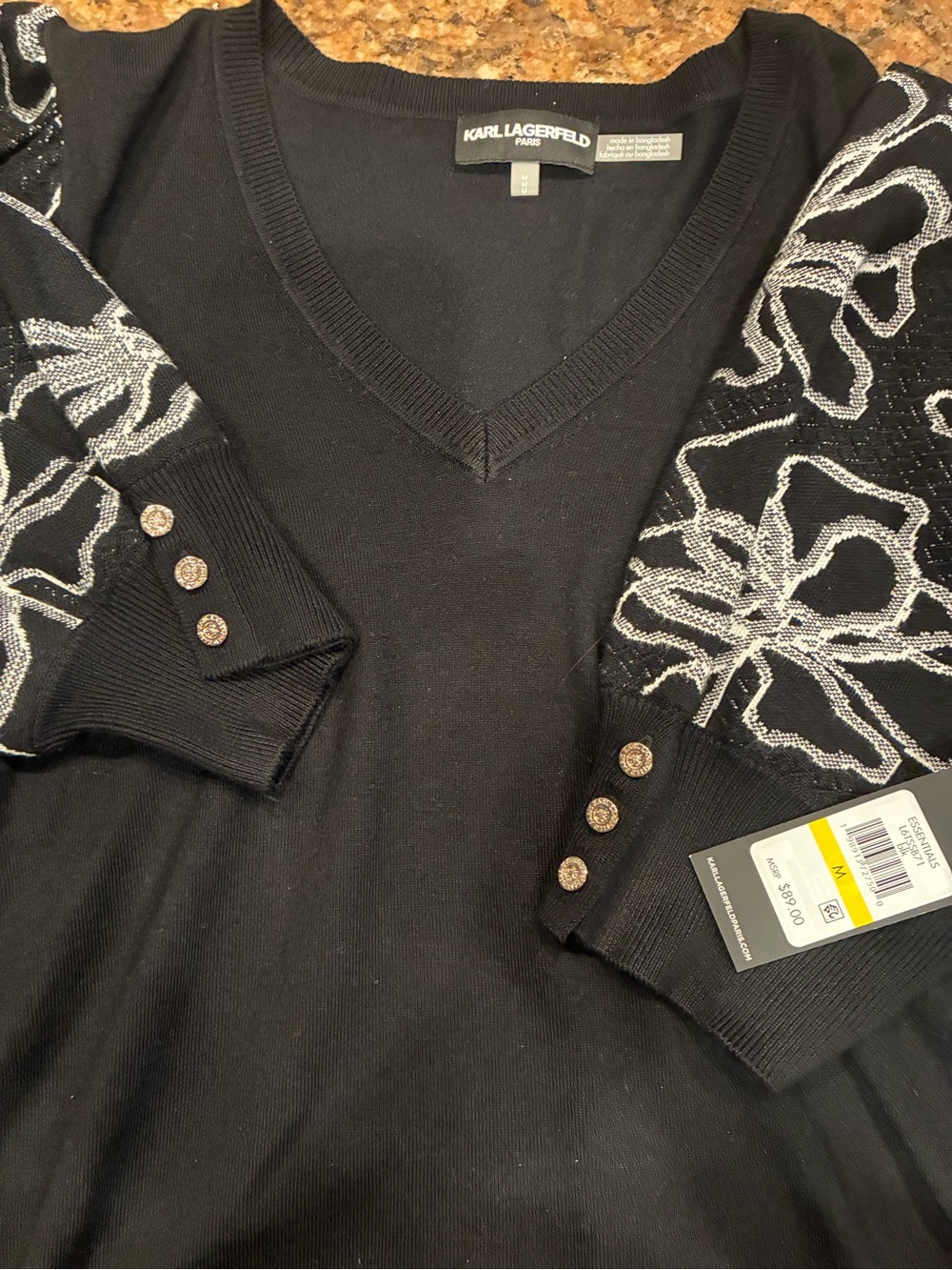 Karl Lagerfeld Black Sweater with Silver Floral Sleeve Detailing